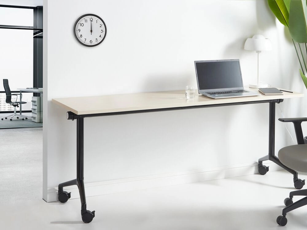 Scrivania rettangolare pieghevole con rotelle portatile con struttura in metallo marrone chiaro e nero 180 x 60 cm stile moderno