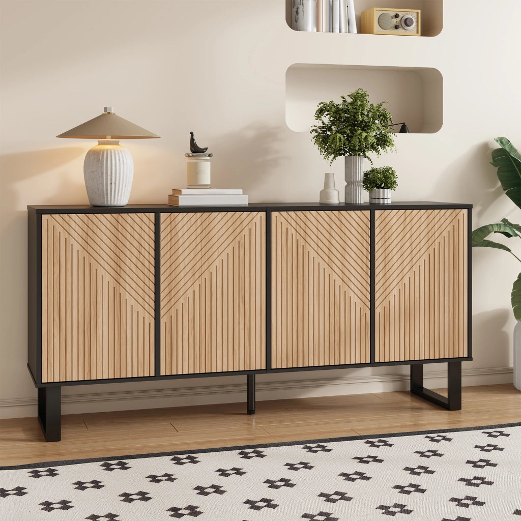 Mobile porta TV moderno con ante effetto legno e frontali a rilievo, nero e naturale 160 × 38 × 75 cm