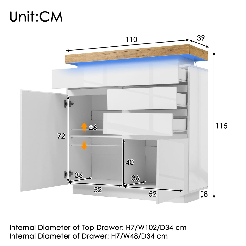 Cassettiera con 2 Ante e 3 Cassetti e LED con Controllo App; Finitura Lucida; in Pannello Truciolare; Bianco; 110??39??115 cm