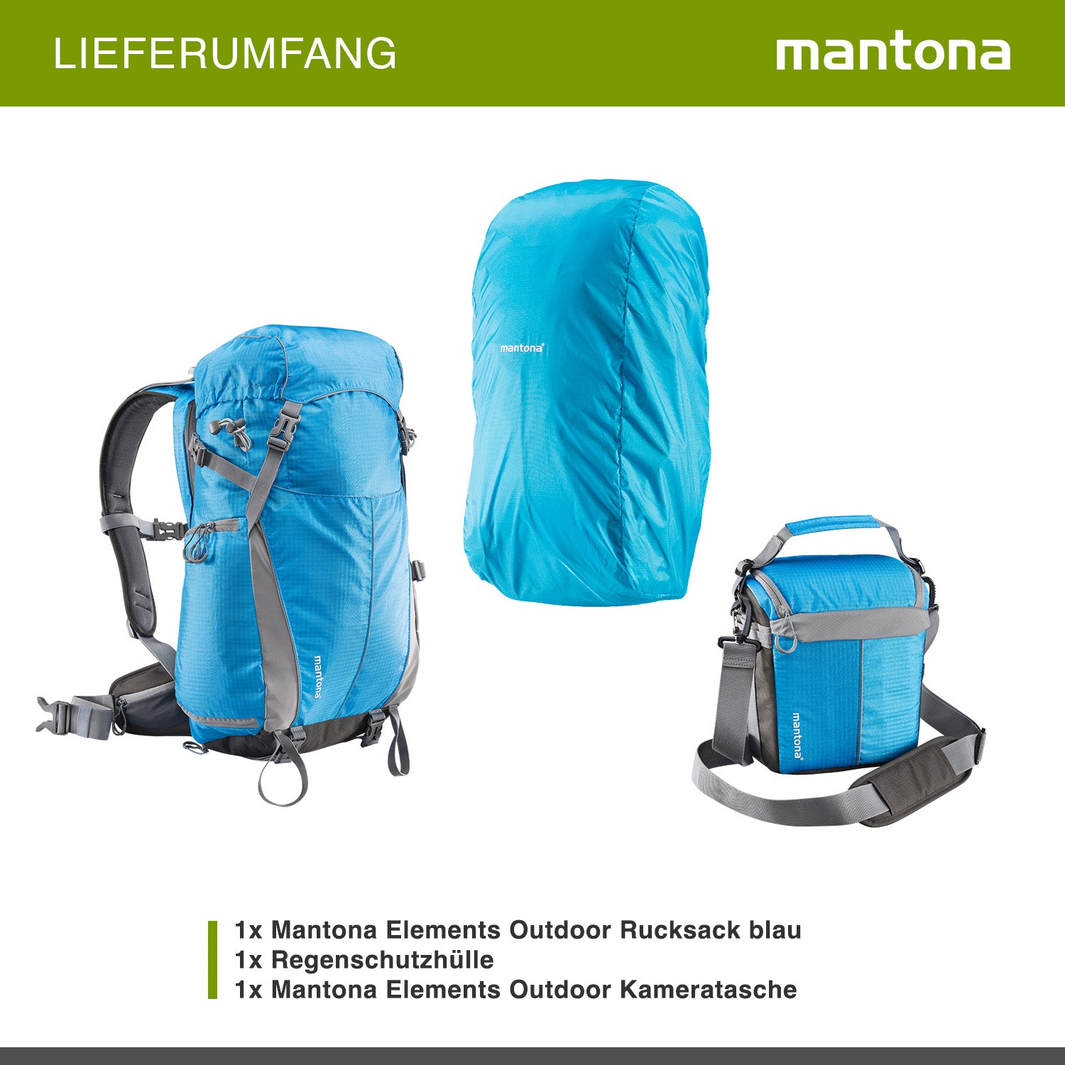 Mantona Elements Outdoor Zaino blu 2in1 per fotocamera e trekking, borsa fotografica con scomparti imbottiti per DSLR, drone, con supporto treppiede e copertura antipioggia