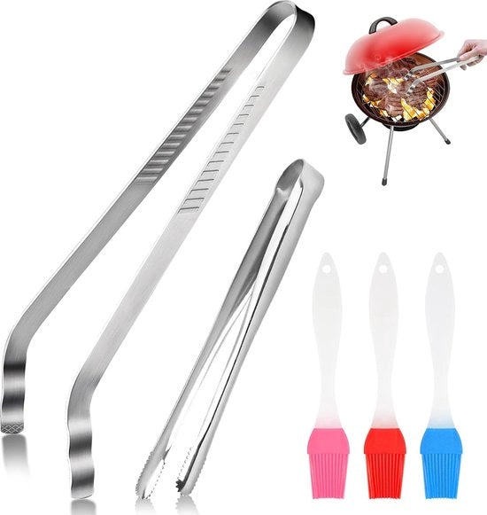 2 set di pinze da griglia, pinza da cucina, grattugia da cucina, in acciaio inossidabile, superficie di presa a dente di sega con spazzola da cucina in silicone, per grigliare, cuocere e cuocere (24 e 35 cm)