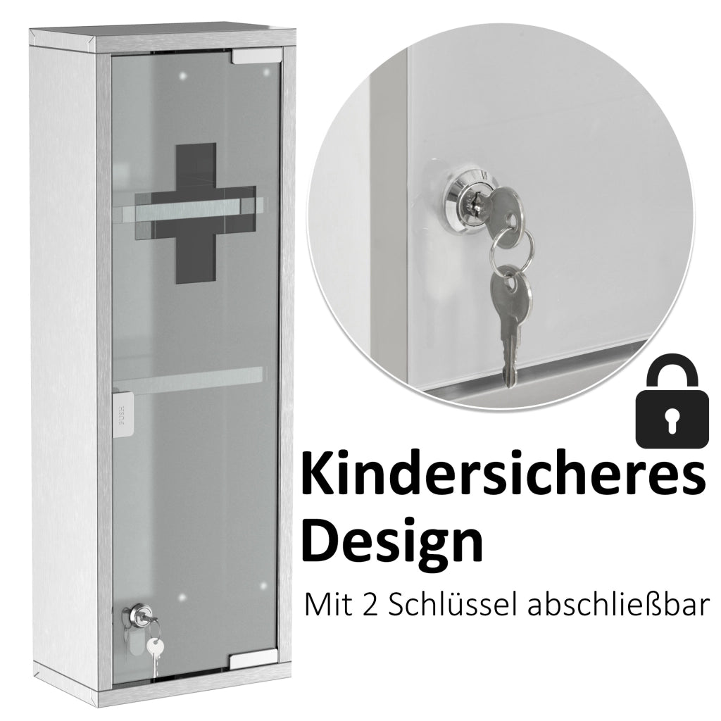 Armadietto medicinali in acciaio inox con ante a vetro temperato ¨C zephmum ¨C 20x12x58 cm, argento
