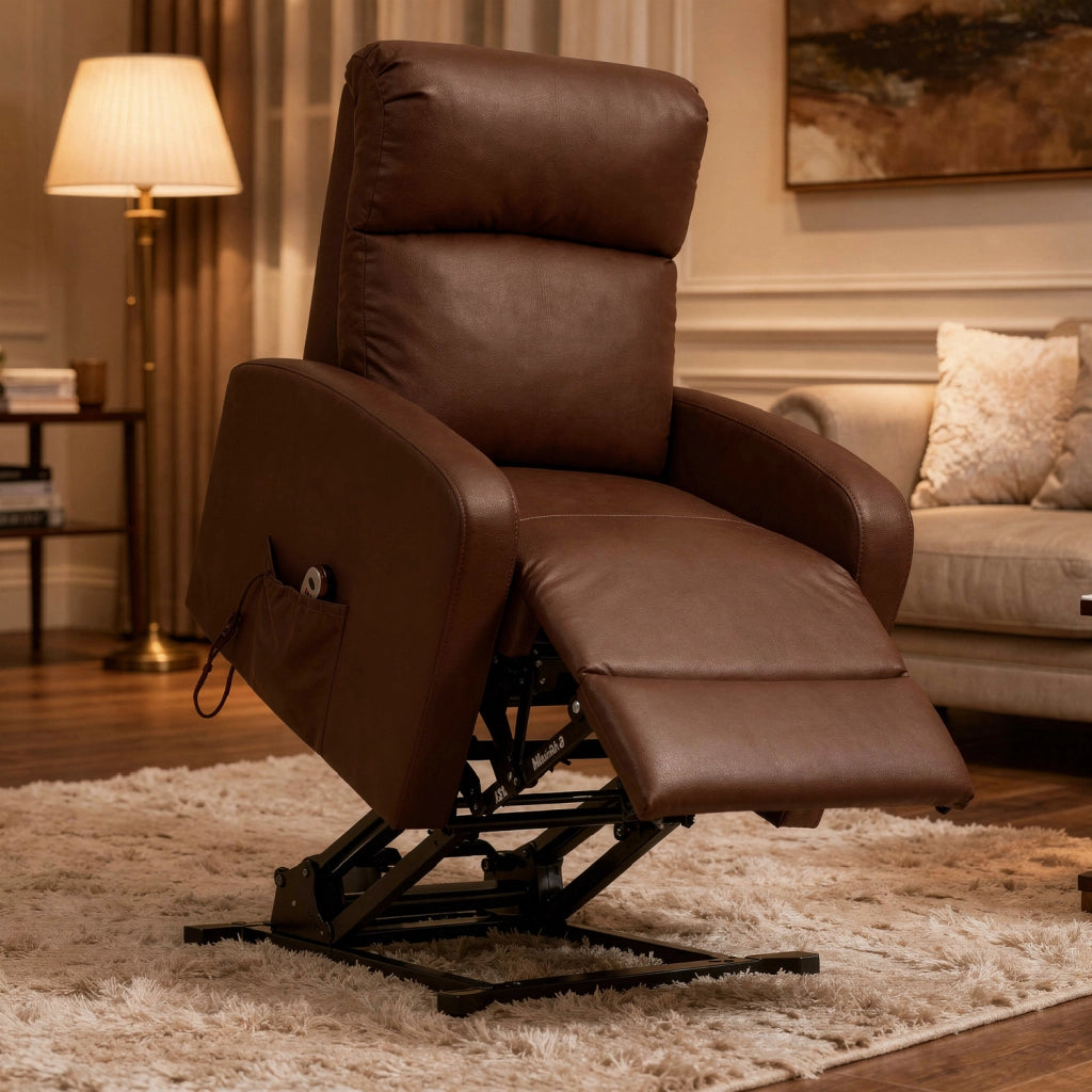 Poltrona Relax Elettrica In Ecopelle Con Alzapersona Reclinabile 135° Schienale Ergonomico E Telecomando Poltrona TV Comfort per Anziani Soggiorno 65 x 85 x 105 cm Marrone