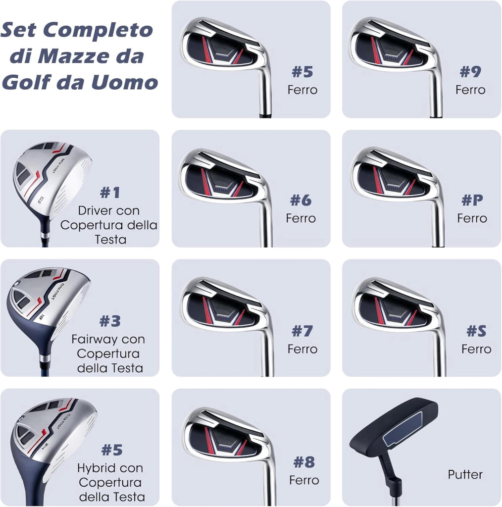 Set Completo di Mazze da Golf per Uomo, Include Driver 1 da 460CC, Fairway 3, Ibrido 5, Ferri 5, 6, 7, 8, 9, P e S, Putter e Borsa Portatile Leggera, Destrorso