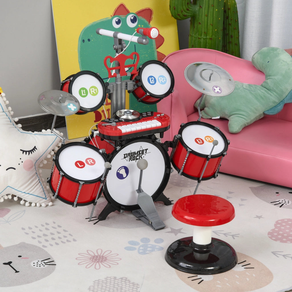 Batteria Musicale per Bambini con Sgabello ¨C Xylo ¨C 4 Tamburi, Microfono, Piatti, Bacchette, Rosso, +3 Anni