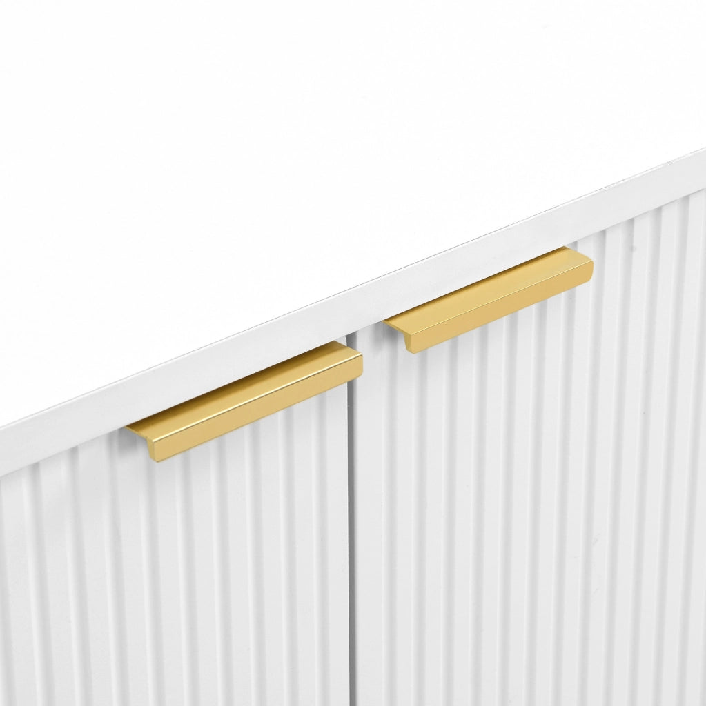 Sideboard bianco in MDF con gambe e maniglie dorate, 120x38x80,5 cm, con ante e 3 cassetti