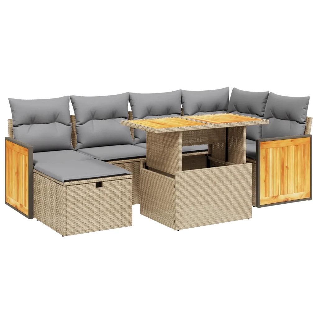 Set Divani da Giardino 7 pz con Cuscini Beige in Polyrattan