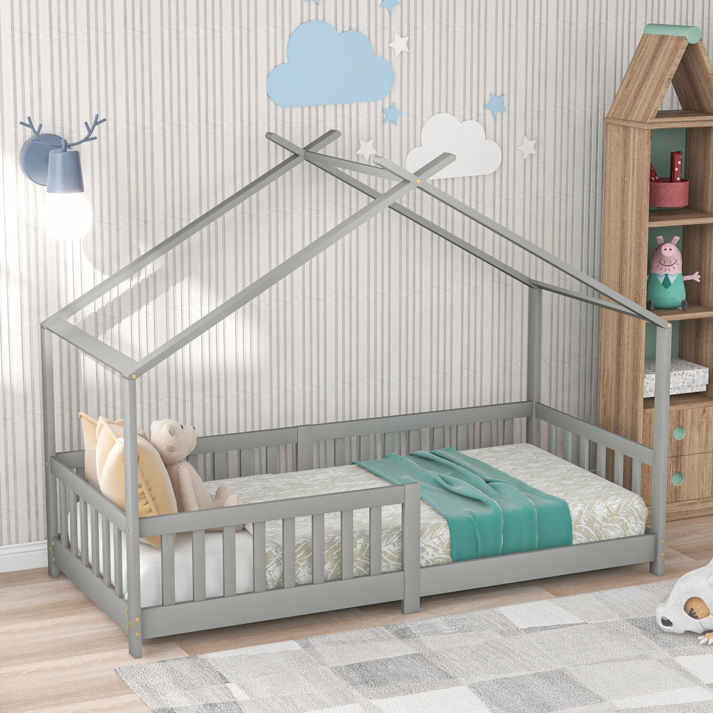 Letto Casetta per Bambini in Legno Massello con Doghe e Sponde ¨C MINIMAL ¨C Grigio 90x200