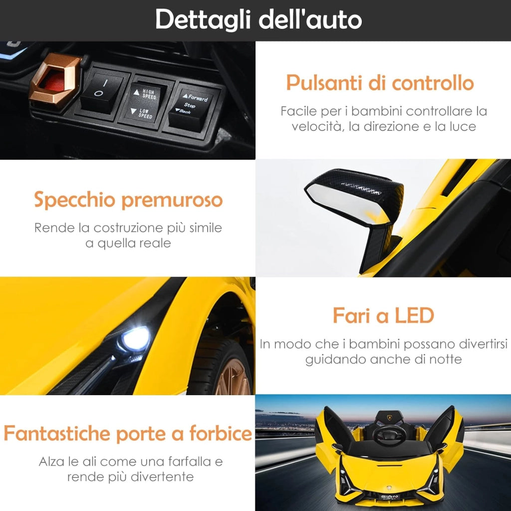 Macchina Elettrica Lamborghini per Bambini da 12V, Veicolo Elettrico Cavalcabile con Luci LED MP3 Telecomando, Fino a 5km/h, +3 Anni (Giallo)