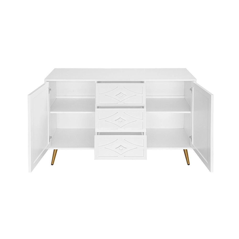 Com¨° elegante con motivo a losanga - Xylo - 120¡Á40¡Á80 cm - Bianco - 3 cassetti 2 ante piedi dorati