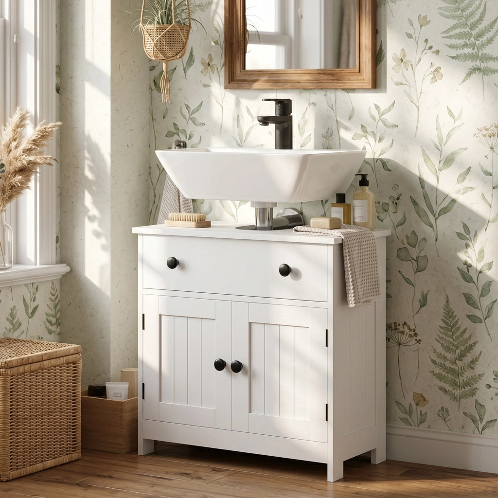Mobile sottolavabo moderno freestanding con cassetto e 2 ante soft-close, bianco