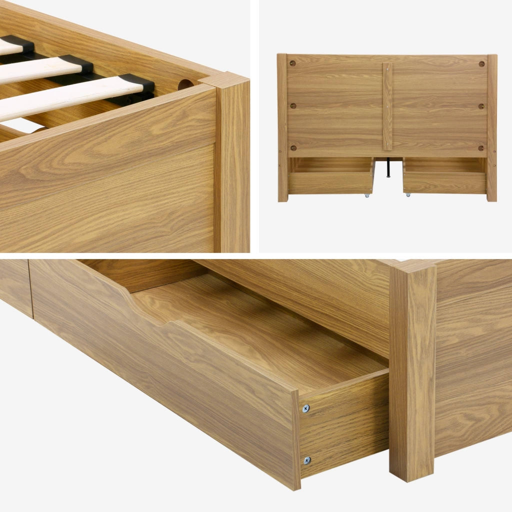 Letto con rete a doghe e testiera 140x190cm + 4 cassetti, marrone