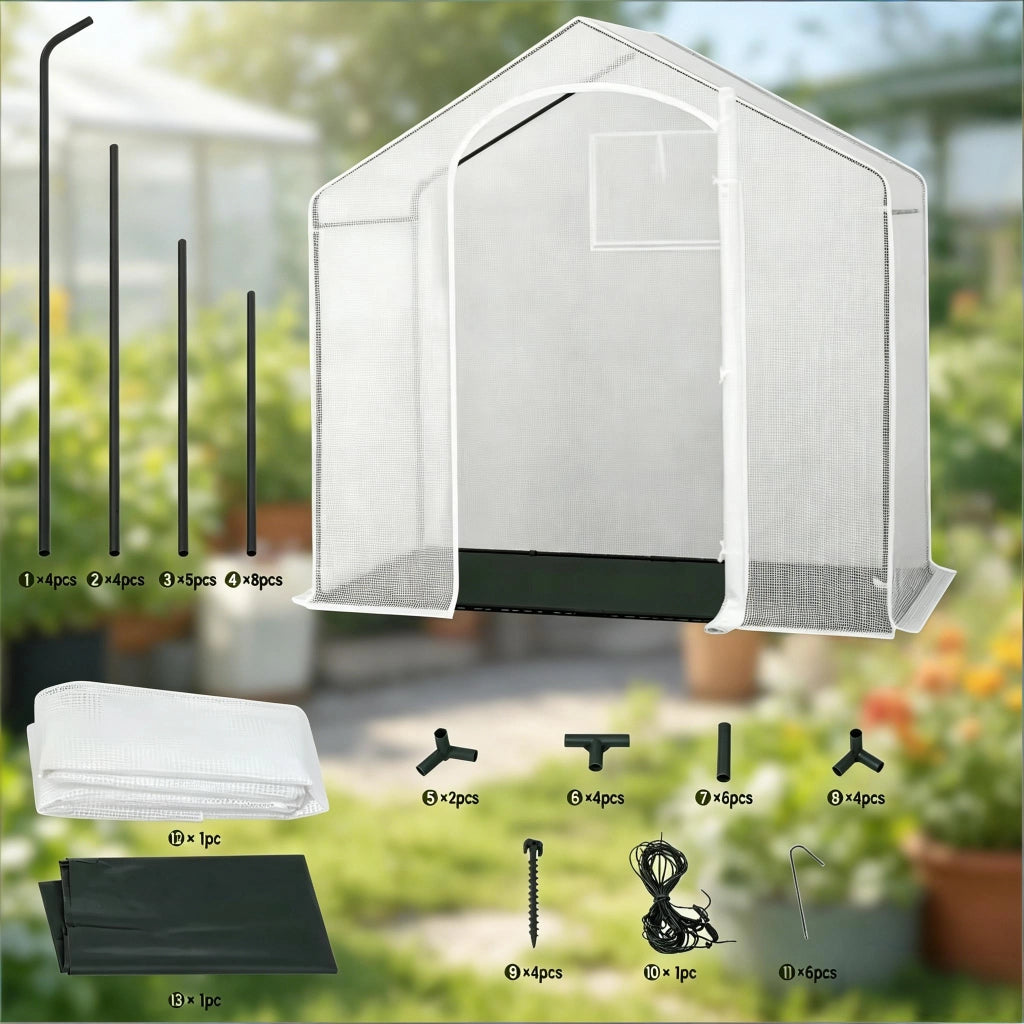 Serra a tunnel in rete PE 140 g/m² con porta avvolgibile e struttura in acciaio bianco 200 × 80 × 200 cm