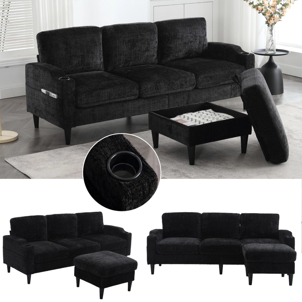 Divano 4 posti con pouf contenitore 196.5x75x77 cm in chenille nero