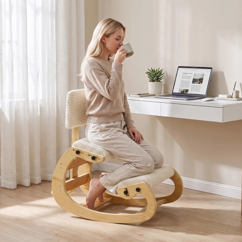 Sedia ergonomica per ginocchia con schienale e funzione dondolo in poliestere crema