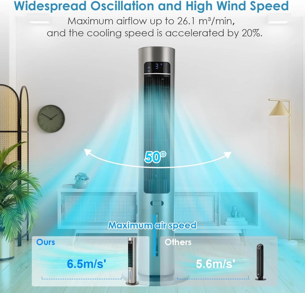 Ventilatore a torre con diffusore di aromi, telecomando a 3 livelli, con raffreddamento ad acqua, oscillazione 50°, timer 12 ore e modalità sleep per ufficio/casa, ventilatore silenzioso da
