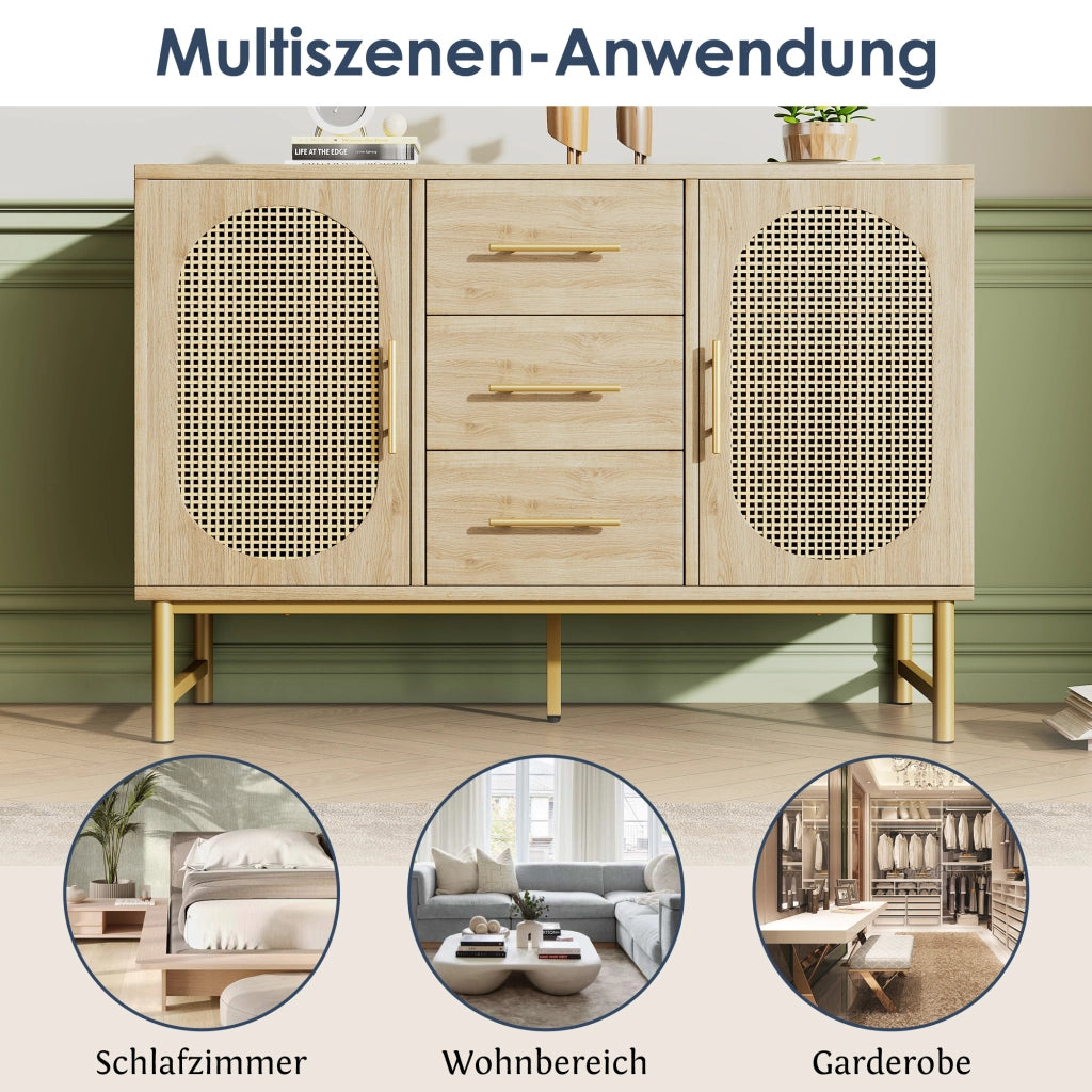 Credenza con 2 Ante in Effetto Rattan e 3 Cassetti; Ripiano Regolabile; 120??40??74 cm; Rovere Sonoma