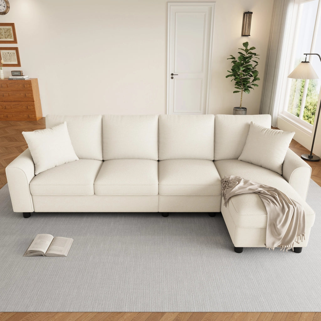 Divano angolare a L con chaise longue e vano contenitore, schienale ribaltabile con portabicchieri, in chenille beige