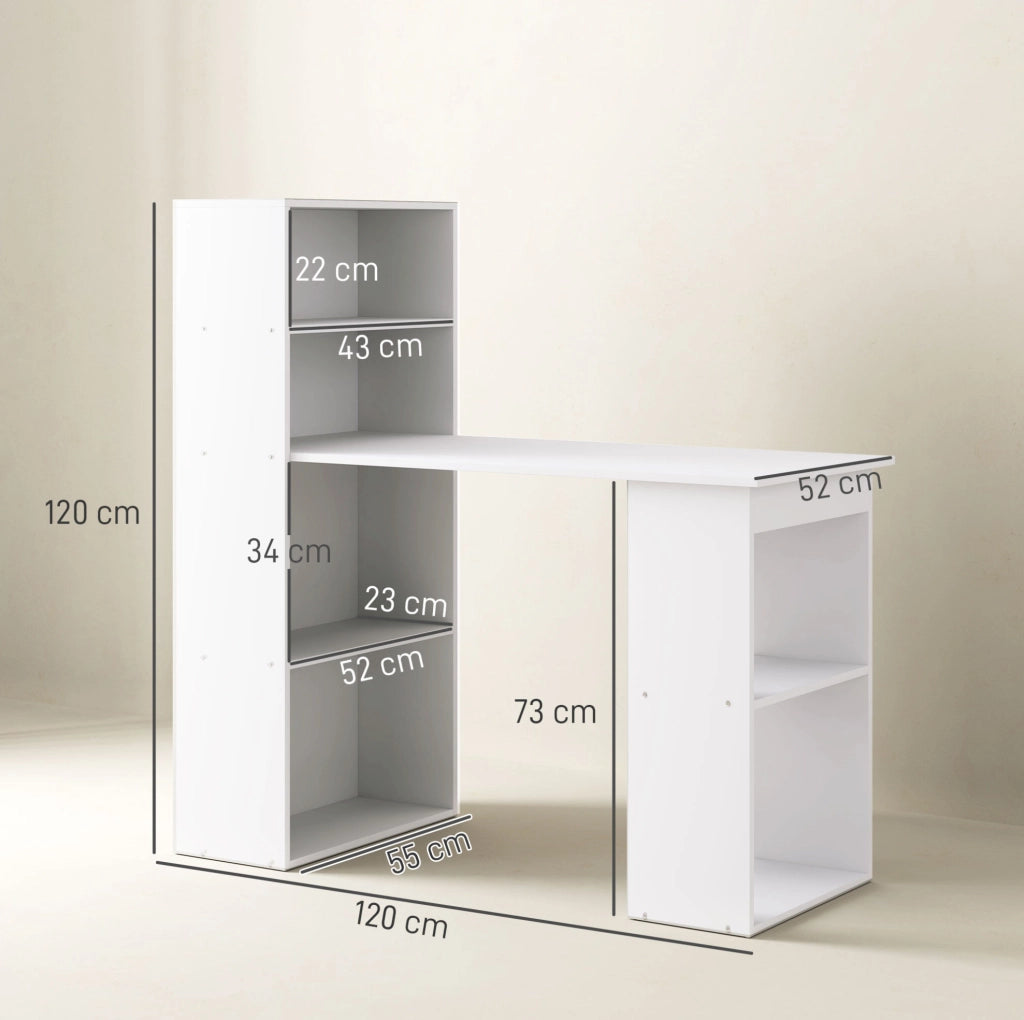 Scrivania bianca con ripiani 120x55x120 cm per ufficio e casa
