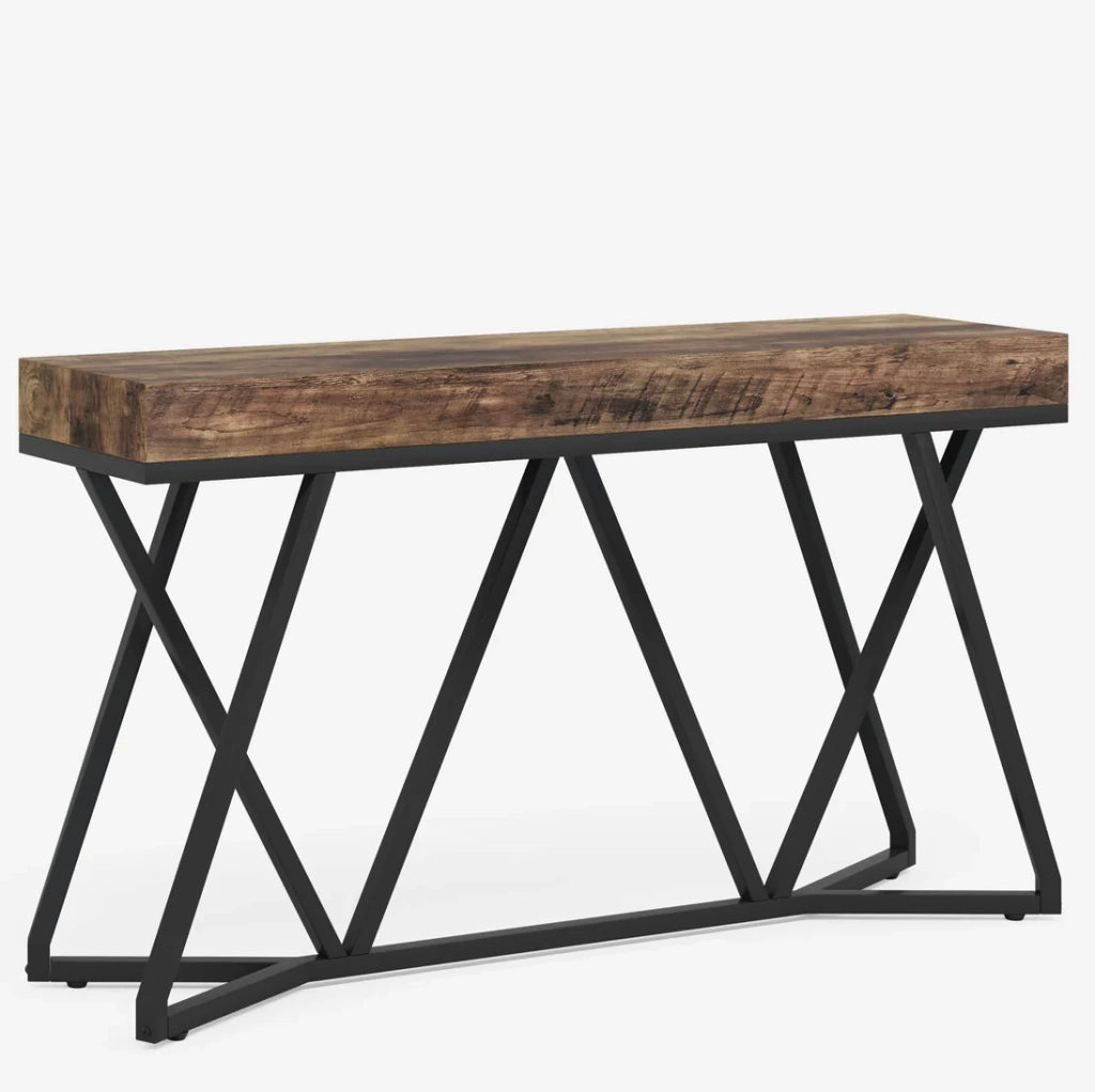 Tavolo consolle 140x30 cm in MDF e metallo nero e marrone rustico con piedini regolabili
