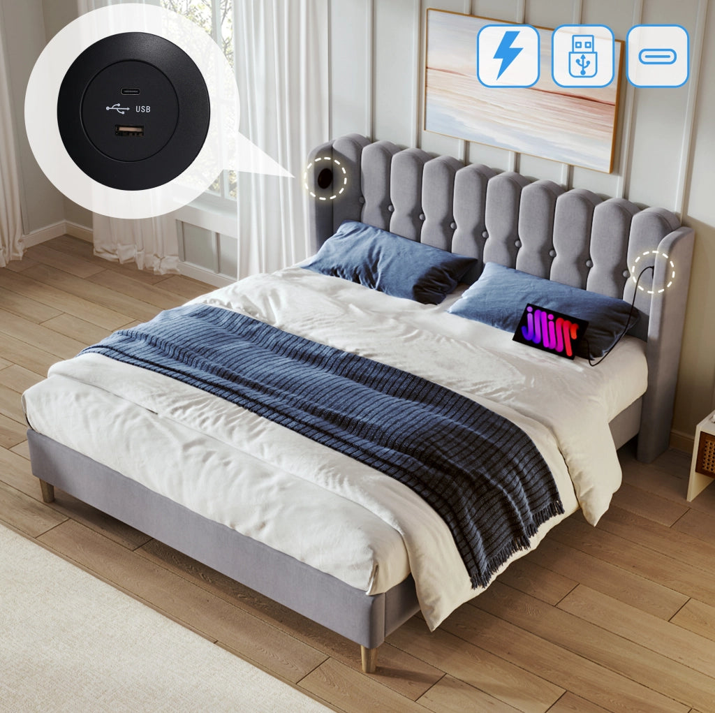 Letto matrimoniale imbottito 160x200 cm in tessuto effetto lino grigio con USB e USB-C