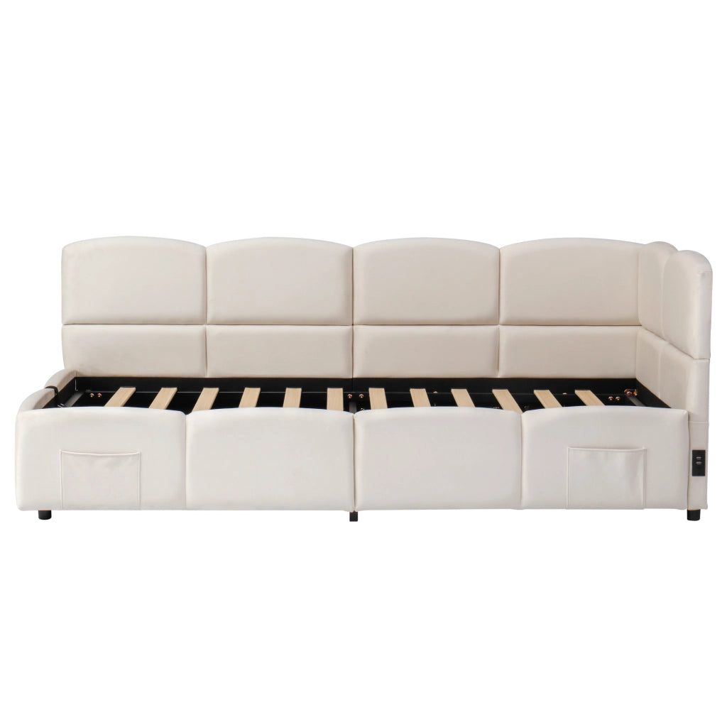 Letto contenitore 90x200 cm in velluto beige con USB-A/USB-C, tasche laterali e struttura idraulica