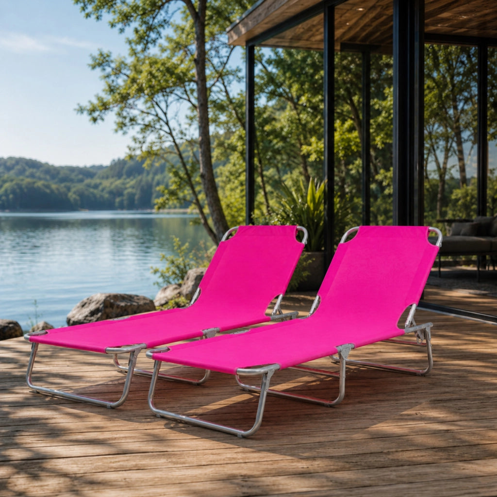 Coppia Di Sedie Sdraio Pieghevoli Prendisole Schienale Regolabile Reclinabile Struttura In Metallo Per Spiaggia Giardino Mare Piscina Senza Tettuccio 187 x 53 x 24 Cm Rosa