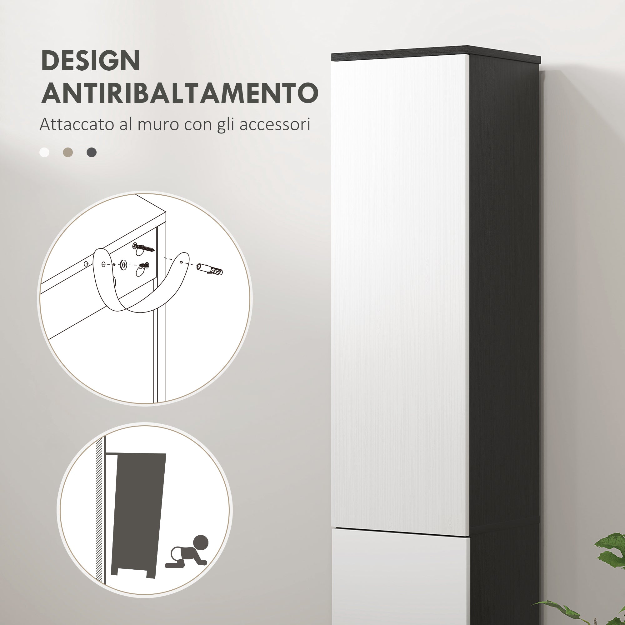 Mobile a Colonna da Bagno Salvaspazio con 2 Armadietti e Cassetto 30x28x180 cm Nero e Bianco