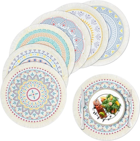 Set di tappeti da tavola con disegno mandala e spilloni - Set di 6 - 335 cm di corda intrecciata - Stile boho - Tappeti da tavola tessuti