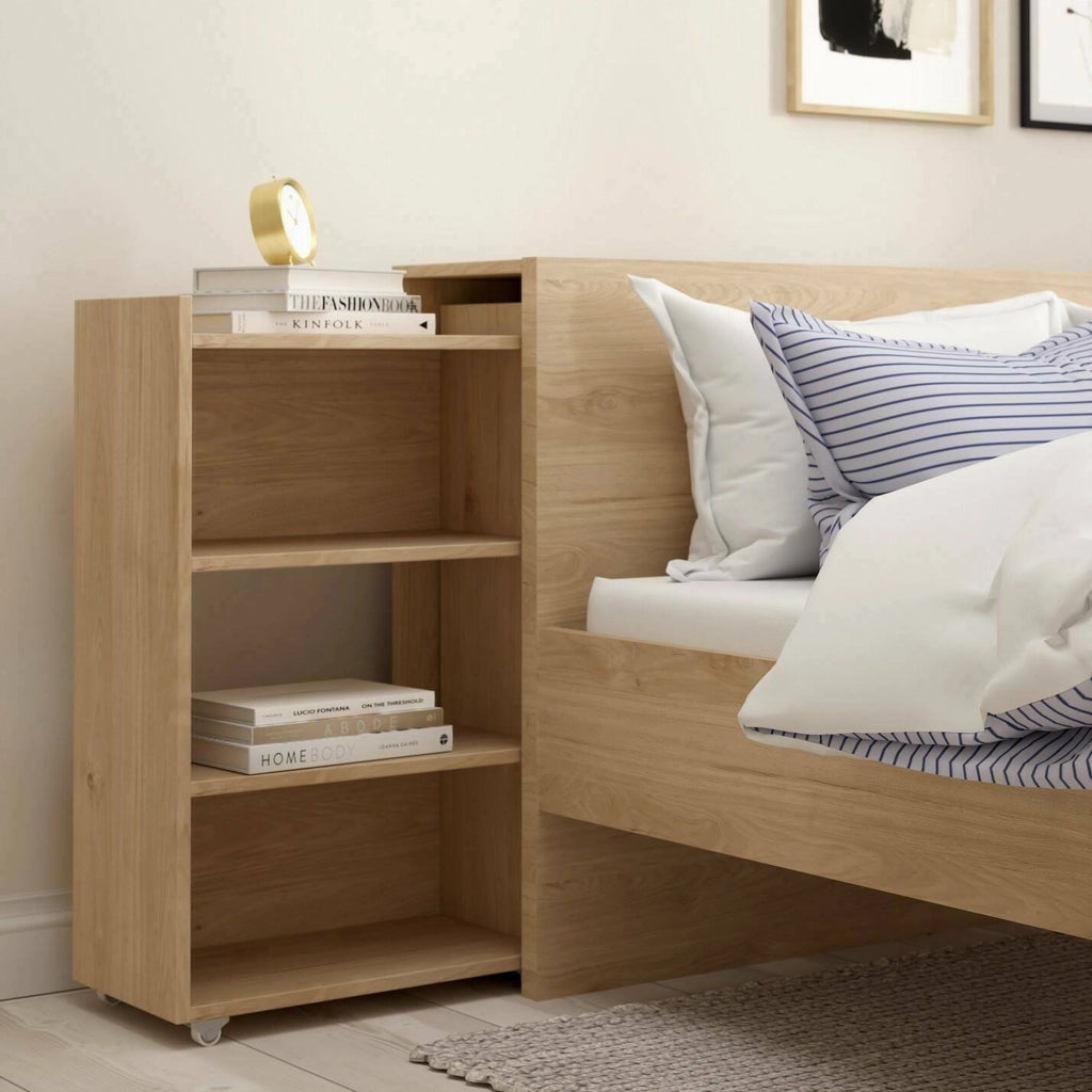 Comodino Shary, Comò basso, Tavolino da notte, Mensola da letto, 165x26 h80 cm, Rovere