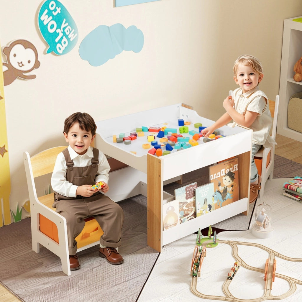 Set da tavolo e sedie per bambini, Tavolo attivit¨¤ 4 in 1 con piano reversibile Naturale-Tavoli e sedie