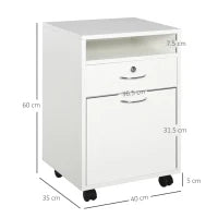 Schedario da Ufficio con Cassetto, Ruote a Freno e Ripiano Aperto, Cassettiera Ufficio con Serratura e 2 Chiavi per Lettera/Legale/Formato A4, Armadietto per Studio, 40x35x60cm, Bianco