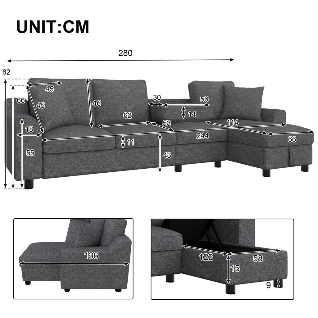 Divano a tre posti, divano ad angolo, tessuto chenille, vano portaoggetti, portabicchieri, design modulare, grigio