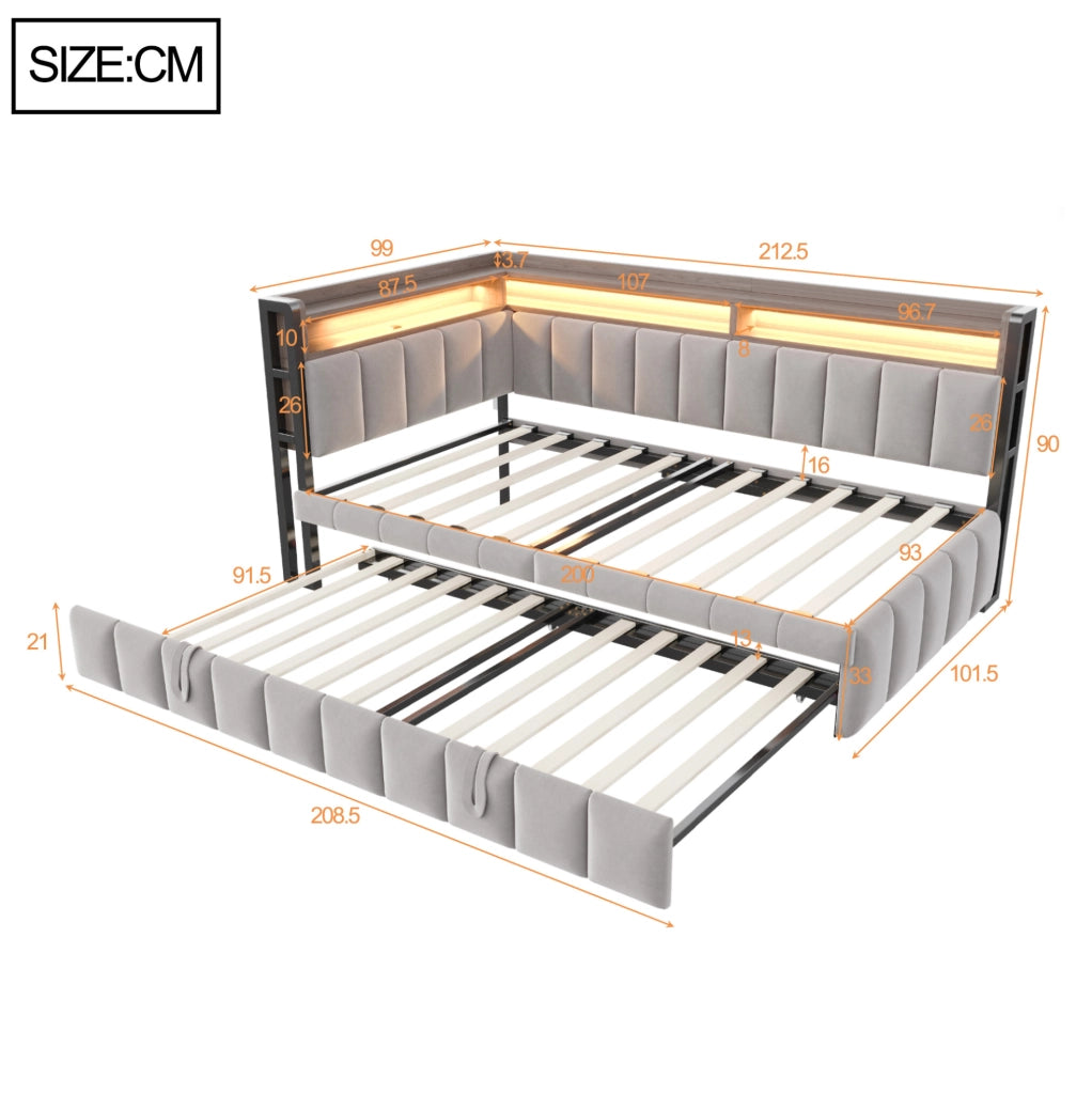 Divano letto estraibile ULEVR 90x200 cm con LED, USB e Type-C, vani portaoggetti, velluto grigio chiaro