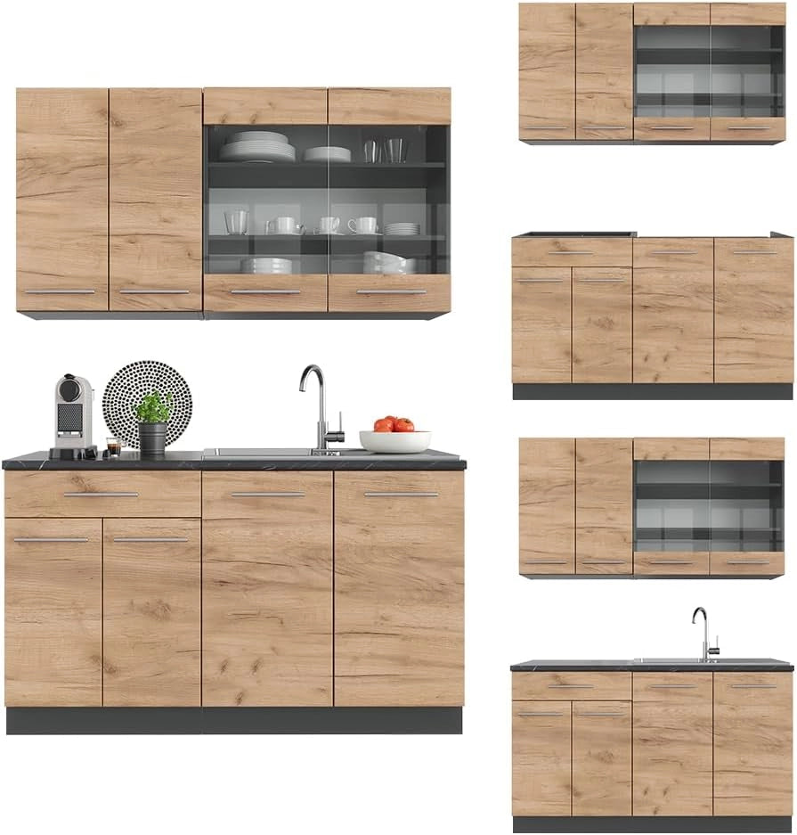 Cucina completa Fame-Line, Quercia dorata/antracite, 140 cm senza piano di lavoro, adatto per la combinazione individuale con altri moduli