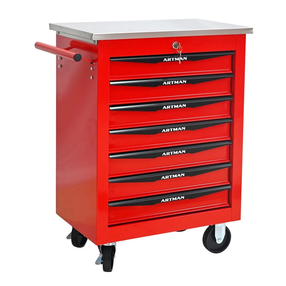 Carrello Porta Utensili 7 Cassetti con Ruote ¨C MINIMAL ¨C Metallo, Piano in Acciaio, Rosso e Nero