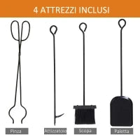 Portalegna in Ferro Battuto con Attrezzi per Camino, Manici e Base Rialzata, 51.5x33x77cm, Nero