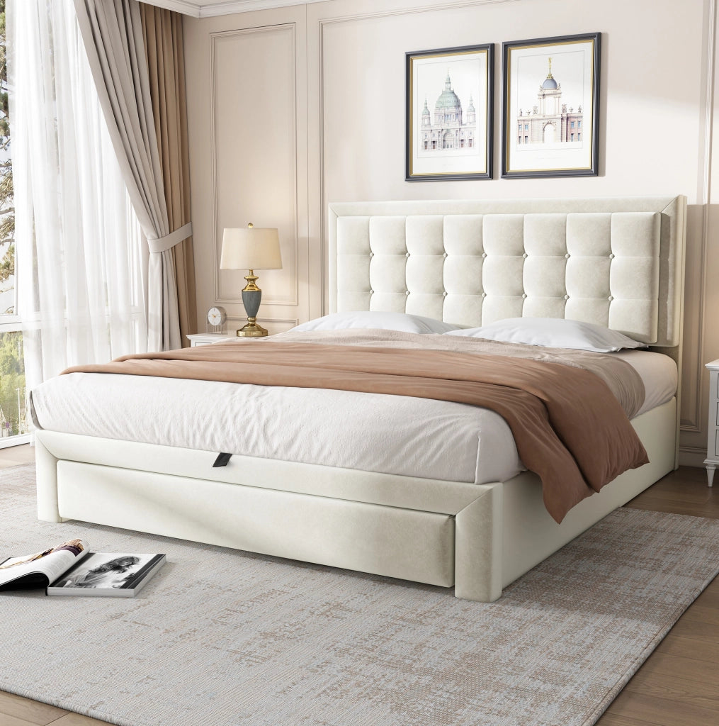 Letto imbottito in velluto beige con contenitore e cassetti