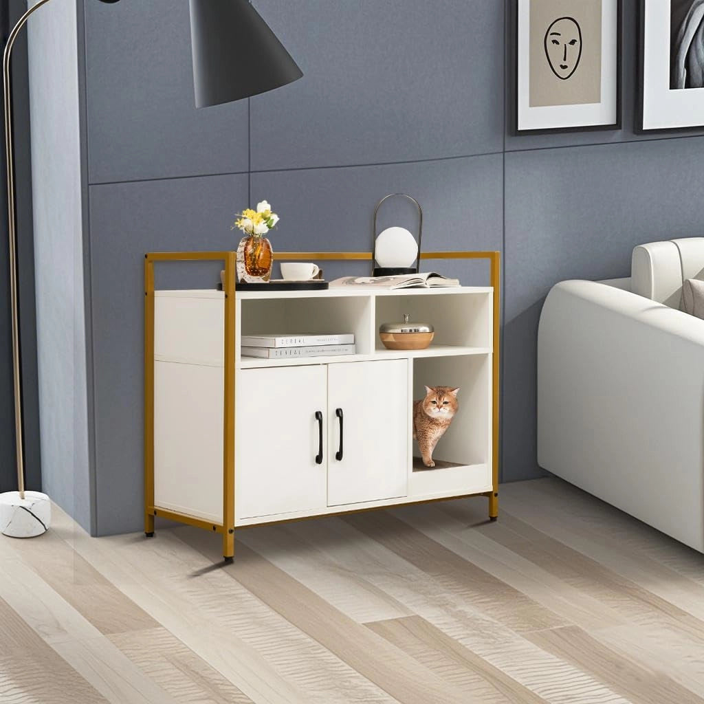 Mobile Lettiera per Gatti con 3 Ripiani Aperti e 2 Ante, Armadietto per Gatto in Legno, Grotta Rifugio con Grattatoio in Cartone Multiuso per Ingresso e Soggiorno (Bianco, 89 x 45 x 74,5 cm)