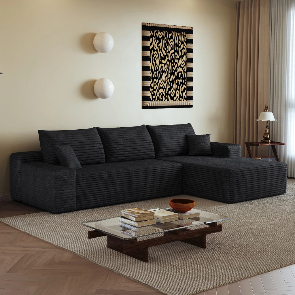 Divano angolare modulare 270 cm - con chaise longue a L - in velluto a coste nero