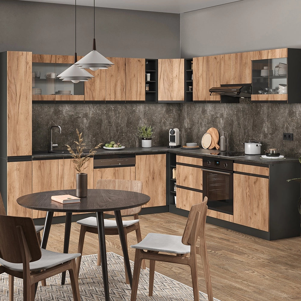 Cucina angolare completa R-Line Rovere dorato/Antracite 277 x 257 cm J-Shape, PL Marmo Vicco