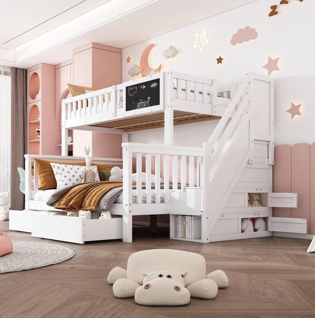 Letto a castello bianco 90x200+140x200 con lavagna e cassetti
