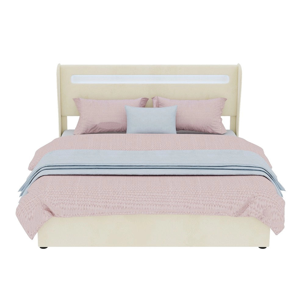 Letto Contenitore Imbottito con LED ¨C MINIMAL ¨C Beige 160x200 con Materasso