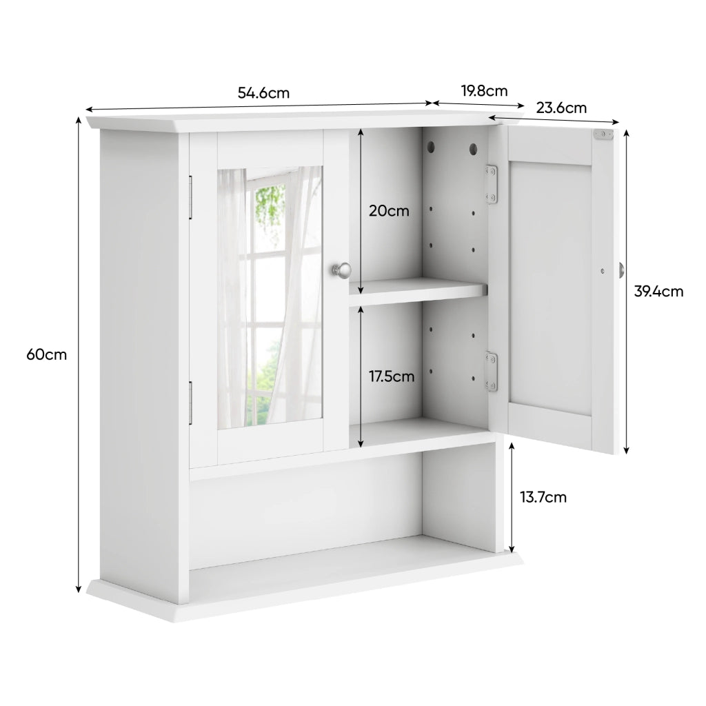 Mobiletto bagno con specchio bianco da parete, con ripiani regolabili e vano portaoggetti