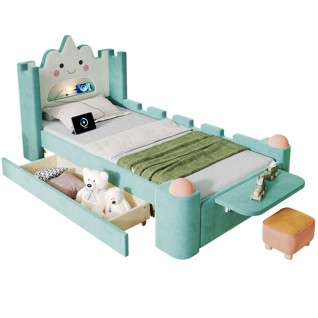 Letto con Sponda 90x200 cm; Letto Singolo - USB; Lampada e Cassetto - Blu Verde