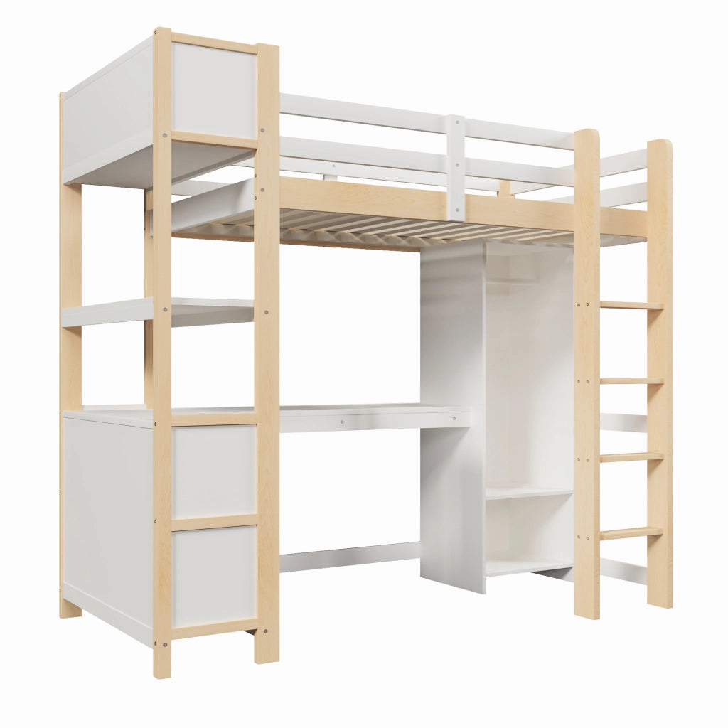 Letto a soppalco con scaffali, scrivania e armadio, 90x200 cm, naturale