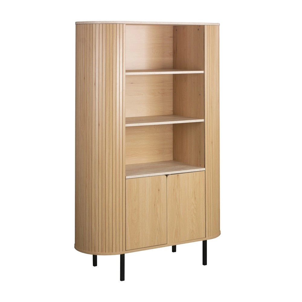 Credenza Fabia53A colore rovere oak con ripiani effetto travertino e laterali listellati 100 cm