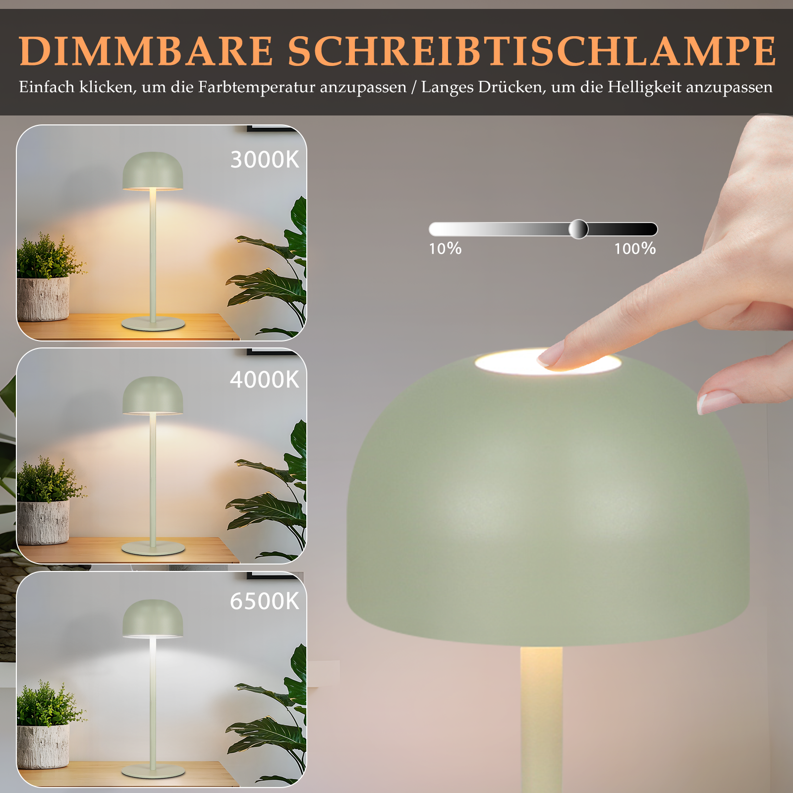 ZMH Lampada da tavolo LED set 2 pezzi verde wireless dimmerabile 3 temperature per camera letto soggiorno