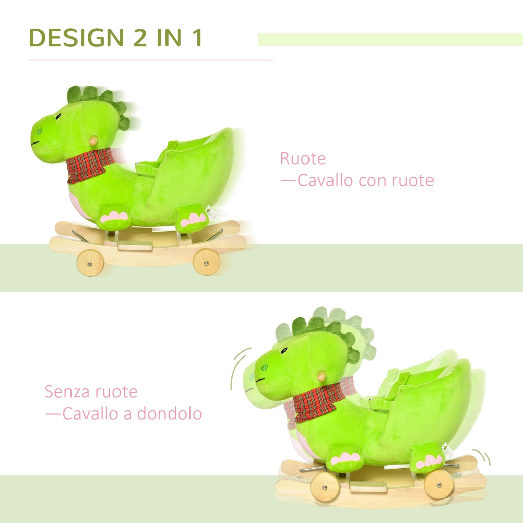 Cavalluccio a Dondolo per Bambini ¨C zephmum ¨C Legno e Peluche Verde