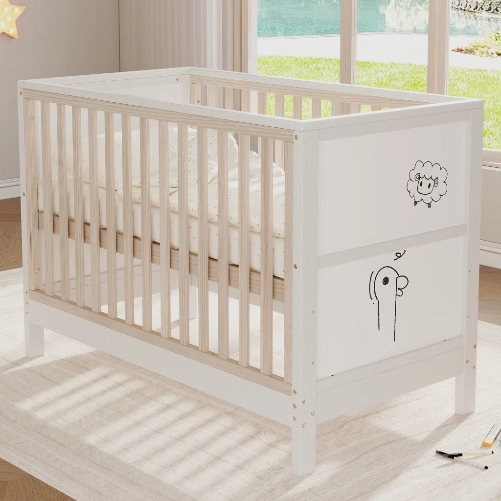 Letto per bambini 120 × 60 cm con tavole da disegno, 3 altezze regolabili, trasformabile in lettino laterale e divanetto, senza materasso, legno massiccio naturale e bianco